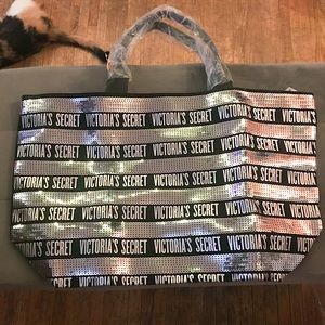 NWT Victoria’s Secret Sequin Tote Silver & Black Sequin Oversize Tote